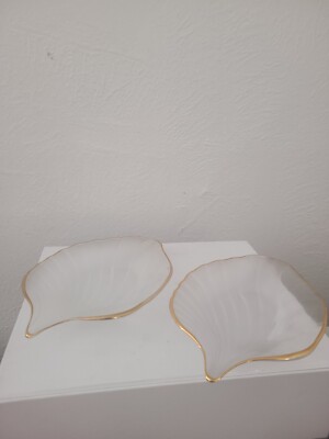 Set/2 Studio Nova Leaf Dish Gold Edge Clear/Frosty Candy Trinket 8