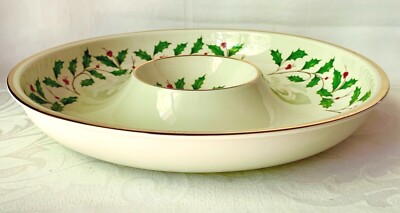 BEAUTIFUL LENOX HOLIDAY CHRISTMAS LARGE CHIP & DIP SERVING DISH, HOLLY, FAB COND-image