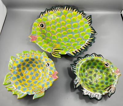 Set of 3 Pegeen Souter Studio Pottery Fish Shaped Serving Platter & Bowls-image