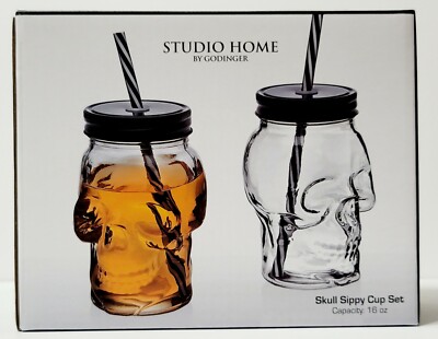 Studio Home by Godinger Skull Shaped 16 oz. Glass Set of 2 w/2 straws New!-image