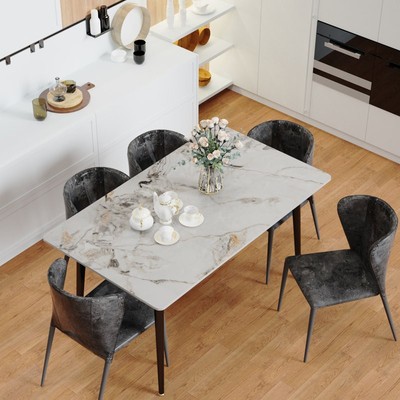 Modern Slate Stone Rectangular Top Dinning Table, White Jade-image