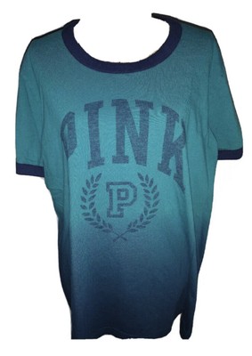 VS VICTORIAS SECRET PINK CAMPUS SHORT SLEEVE TEE TOP DEEP LAKE DIP DYE XL-image