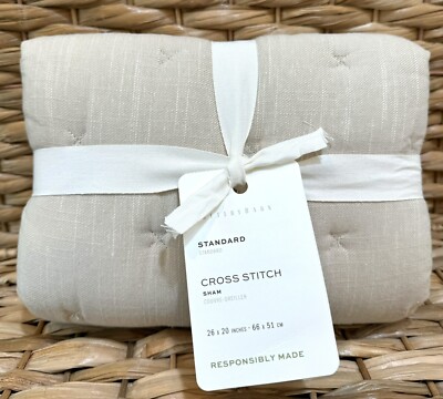 Pottery Barn Cross Stitch STANDARD QUILTED Sham Color: FLAX Neutral NEW-image