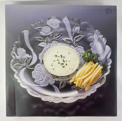Vtg Chip Dip Serving Dish Laura Glass Rose Garden 14” Frosted/Clear Platter EUC-image