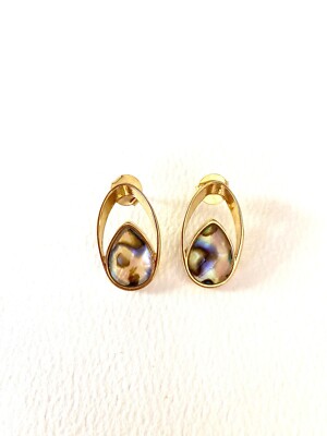 Vintage Estate Find Gold Tone Abalone Post Earring Tear Drop Shaped-image
