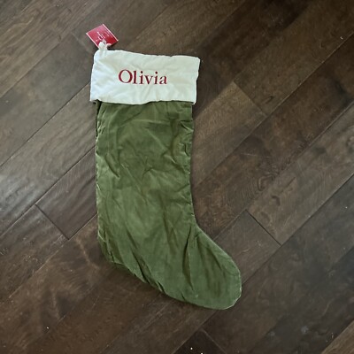 NWT Pottery Barn Classic Large Green Ivory Velvet Christmas Stocking Mono Olivia-image