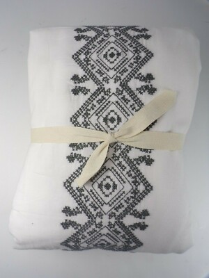 Pottery Barn Cross Stitch Embroidered Duvet Full Queen Gray #6073-image