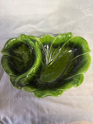 VINTAGE Green Cabbage unique fun ceramic large serving tray dip bowl 2 sides-image