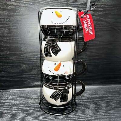POTTER'S Studio Peppermint Square Snowman Stackable Mugs W/Metal Stand SET OF 4-image