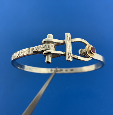 Sun Lyon Studio 925 Sterling Silver 14K Gold Ruby Hand Wrought Cuff Bracelet-image