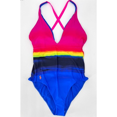 POLO RALPH LAUREN Dip Dyed One Piece Swimsuit Womens Large Blue Pink Cross Back-image