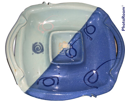 Chip and Dip Bowl Server with Handles Studio Art Pottery Glaze Blue Green Signed-image