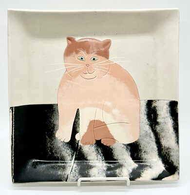 Vintage Kamrass Kiok NYC Studio Pottery Square Calico Cat 11” Platter Plate-image