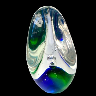 Vintage Murano Italy Studio Art Glass Blue Green Clear Paperweight  Eggish Shape-image
