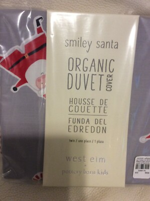 west Elm & Pottery Barn Kids Smiley Santa Organic Twin Duvet NWT Christmas-image