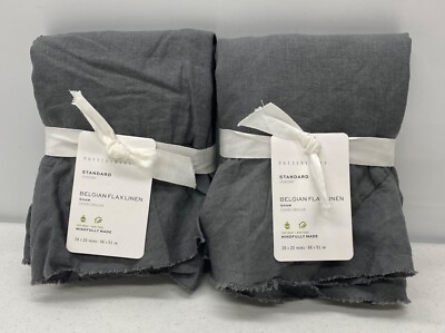 2 NEW Pottery Barn Belgian Flax Linen Fringe Ruffle STANDARD Shams~Charcoal Gray-image