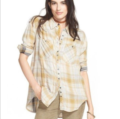 FREE PEOPLE Double Dip Flannel Button Up Shirt Sz L Plaid Western Cowgirl Farm-image