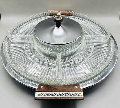 Vtg 1950's Kromex Chrome and Pressed Glass Lazy Susan RelishTray Serving Set-image