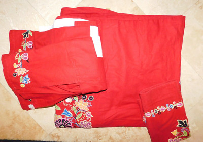 POTTERY BARN Linen Blend Red Embroidered/Applique Queen Duvet + Sham + Bed Skirt-image