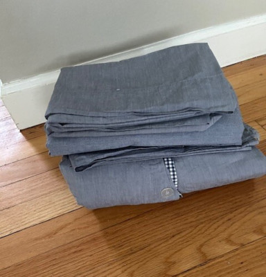 POTTERY BARN KIDS chambray blue gingham DUVET, flat sheet, 4 Sham/Cases F/Q-image