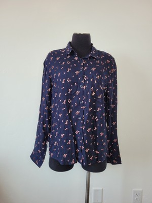 DIP Women's Button Front Shirt Blouse Top Navy Dark Floral Viscose Spring Large-image