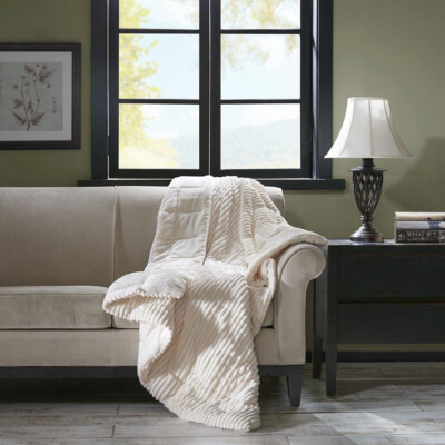 Madison Park Luxury Corduroy Plush Down Alternative Throw Ivory 60x70 in | Ivory-image