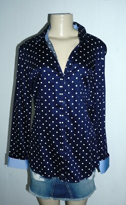 NWT NEW YORK & CO NAVY MULTI POLKA 7th Ave DESIGN STUDIO LONG SLEEVE BLOUSE LRG-image