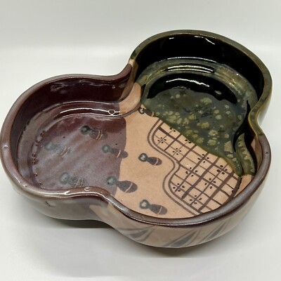 Studio Art Pottery Pedestal Dish Mickey Shaped Retro Glaze Patterned & Stamped-image