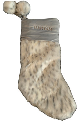 Pottery Barn Teen Faux Fur Leopard Monogram NATHAN Xmas Stocking Pom Pom Tassel-image