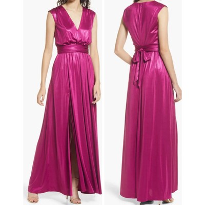 Dress The Population Krista Plunge Neck Side Slit Gown Dress Maxi Prom Magenta L-image