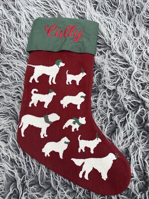 Pottery Barn Dogs  Crewel Embroidered Christmas Stocking Monogram Cully-image