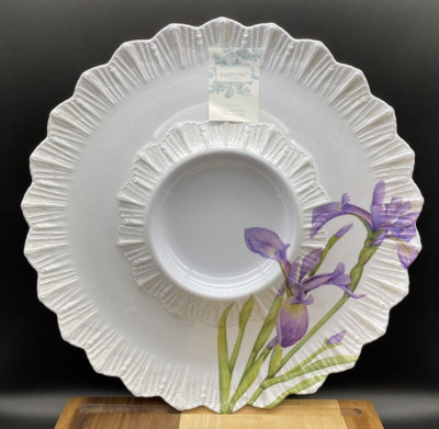 SHABBY CHIC MELAMINE Scalloped Edge Purple Iris Veggies and Dip Bowl and Plate-image