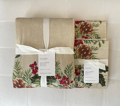 Pottery Barn HOLLY BERRY WREATH Duvet Cover Full Queen & Two Standard Shams NWT-image