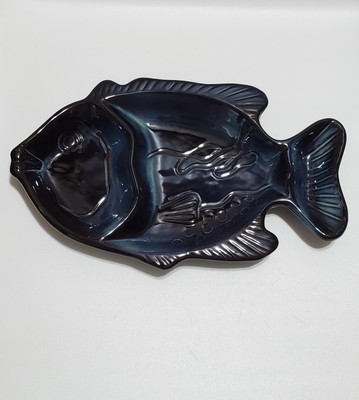 Large Dark Blue Glazed Ceramic Fish-Shaped Divided Dish, Chips & Dip, 3 Sections-image