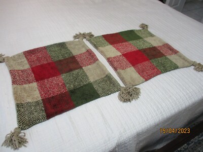 Pottery Barn 2 Big Check Chenille Fringed 18x18 Throw Pillow Covers-image