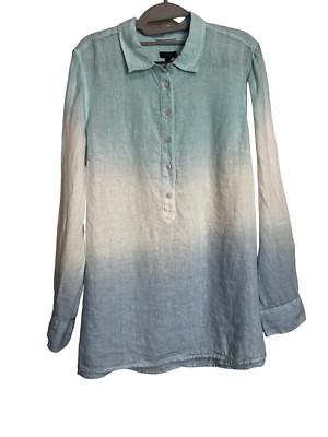 Talbots Top Womens Size Large Blue White Ombre Dip Dye Linen Tunic Blouse-image