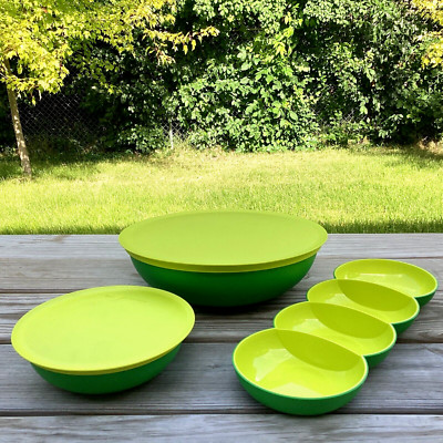 Tupperware Chip And Dip / Salad Bowl 3 pc. Set Snack Appetizer Tray Green Yellow-image