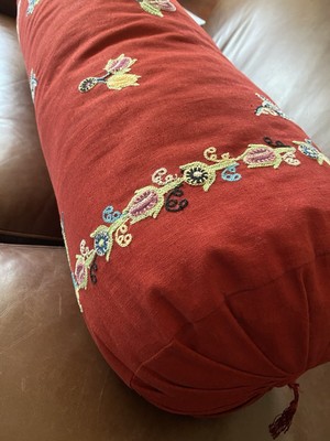 Pottery Barn Fiesta RED 10”x 27” Bolster Pillow Embroidery Linen/ Cotton Pattern-image