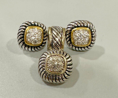 Rhinestone Center Earrings Pendant Set  Post Silver Gold Tone Mixed Metal READ-image