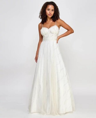 City Studio Juniors Glitter Hologram Tulle Bustier Gown Ivory/Gold Sze 1/2 $169-image