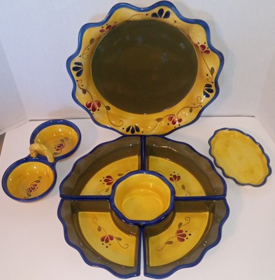 (8)Vintage Chip & Dip Yellow/Brown/Floral Ceramic Party Platter Sauce Bowl Set-image