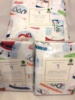Pottery Barn Kids Flannel Snow Globe Santa F/Q Duvet Shams Christmas Full/Queen-image