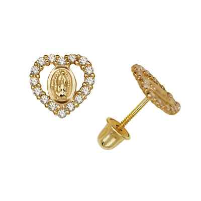 Solid 14K Yellow Gold CZ Jesus Heart Shaped Love Screw Back Studs Earrings Gift-image