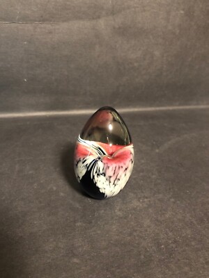 RARE VINTAGE GLASS EYE STUDIO GES 92 PAPERWEIGHT EGG SHAPE 2 3/4 BLACK WHITE RED-image