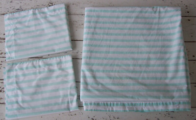 Pottery Barn Kids Twin Duvet Cover+2 Shams~Aqua/White Stripe~100% Organic Cotton-image