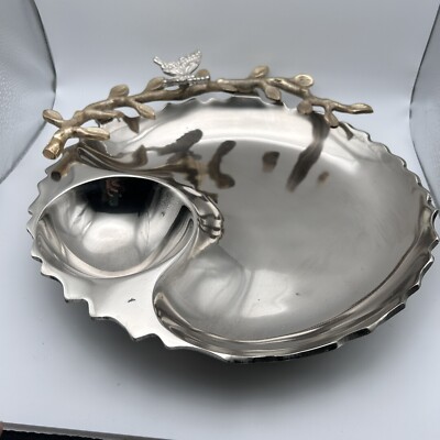 METAL SERVING TRAY CHIP DIP WITH BUTTERFLY PERCHED ON A TREE BRACH 12”-image