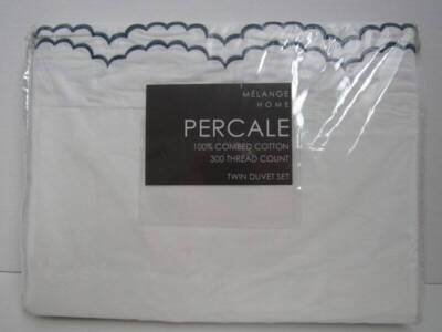 Pottery Barn Maci Double Scalloped Percale Embroidered Duvet Cover Set Twin New-image