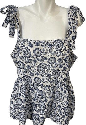 Dip Peplum Top Womens Size XL Tie Straps Blue White Floral Cotton-image