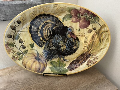 Pottery Barn Fresco Turkey Oval Platter Thanksgiving Harvest Fall Plate Large-image