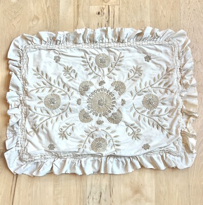 Pottery Barn Floral Embroidered Standard Pillow Sham Ruffle Neutral Shabby Chic-image